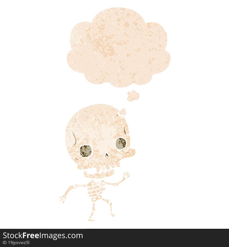 cartoon skeleton and thought bubble in retro textured style