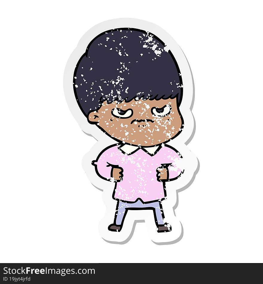 distressed sticker of a annoyed cartoon boy