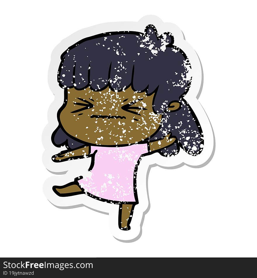 distressed sticker of a cartoon angry girl