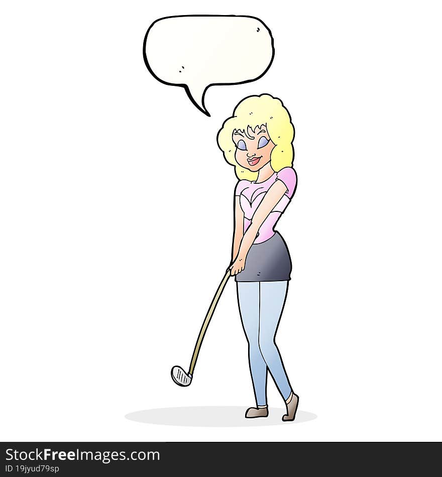 cartoon woman playing golf with speech bubble