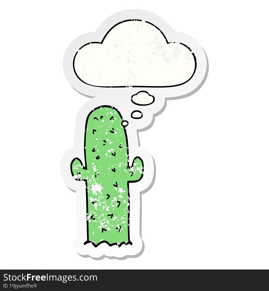 cartoon cactus and thought bubble as a distressed worn sticker