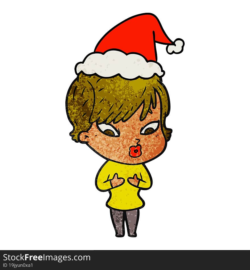 hand drawn textured cartoon of a woman wearing santa hat