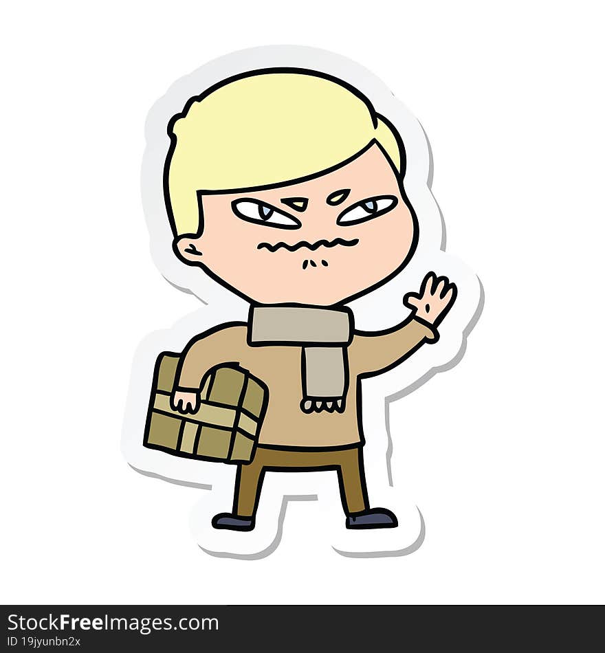 Sticker Of A Cartoon Angry Man Carrying Parcel