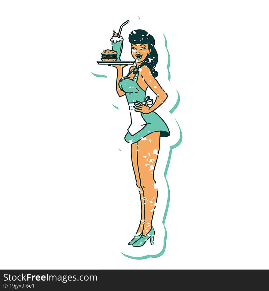 distressed sticker tattoo style icon of a pinup waitress girl