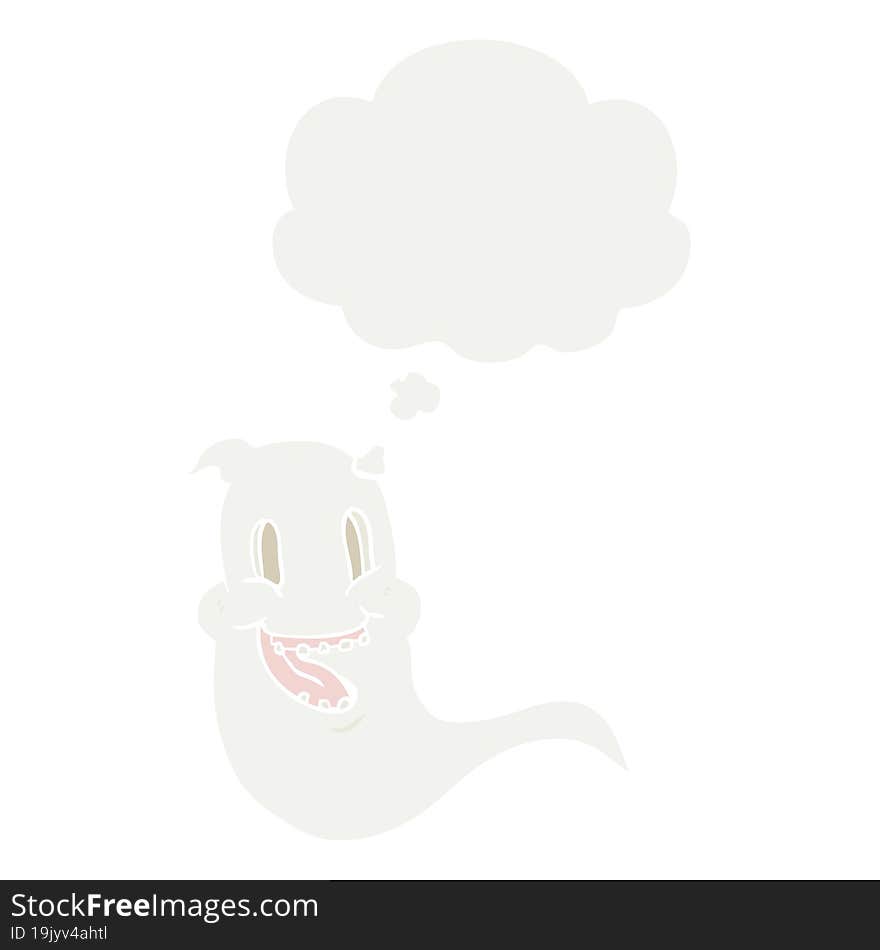 cartoon spooky ghost with thought bubble in retro style