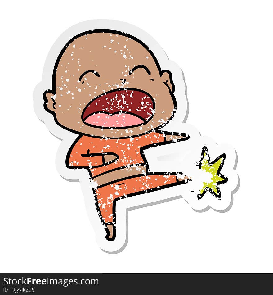 distressed sticker of a cartoon bald man kicking