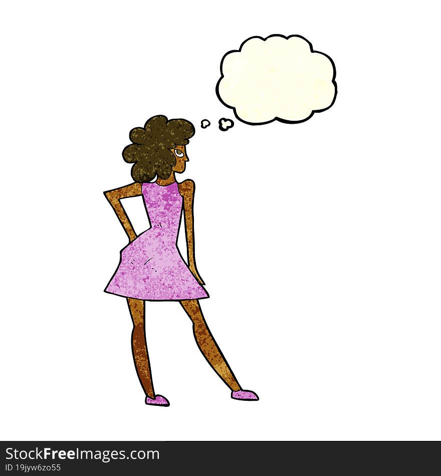 Cartoon Woman Posing In Dress With Thought Bubble