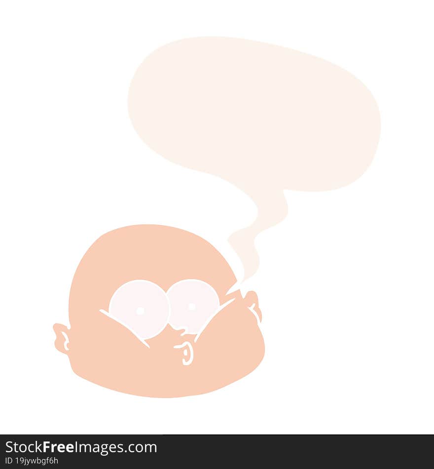 cartoon curious bald man and speech bubble in retro style