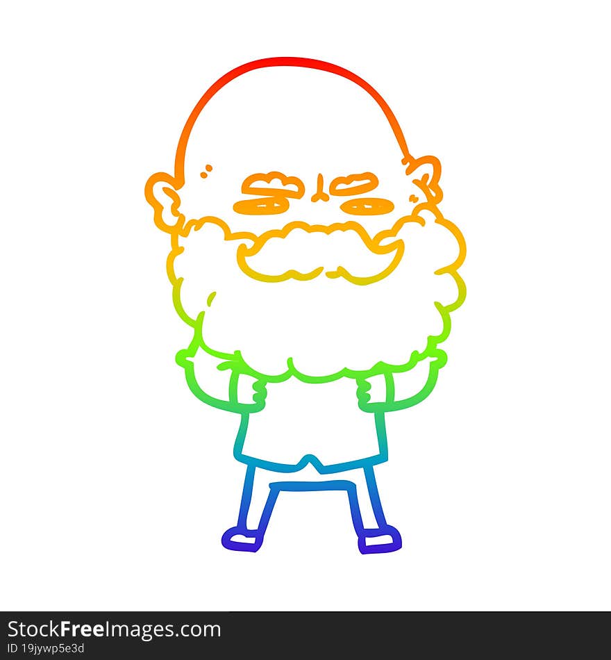 rainbow gradient line drawing cartoon man with beard frowning