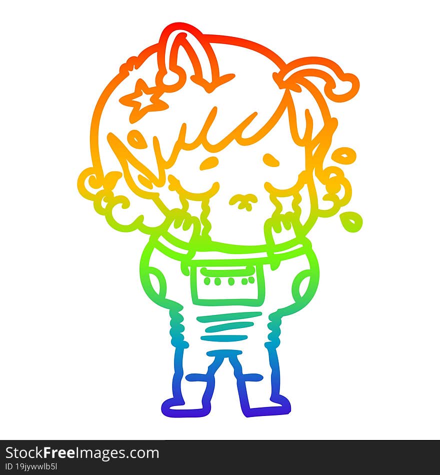 rainbow gradient line drawing cartoon crying alien girl