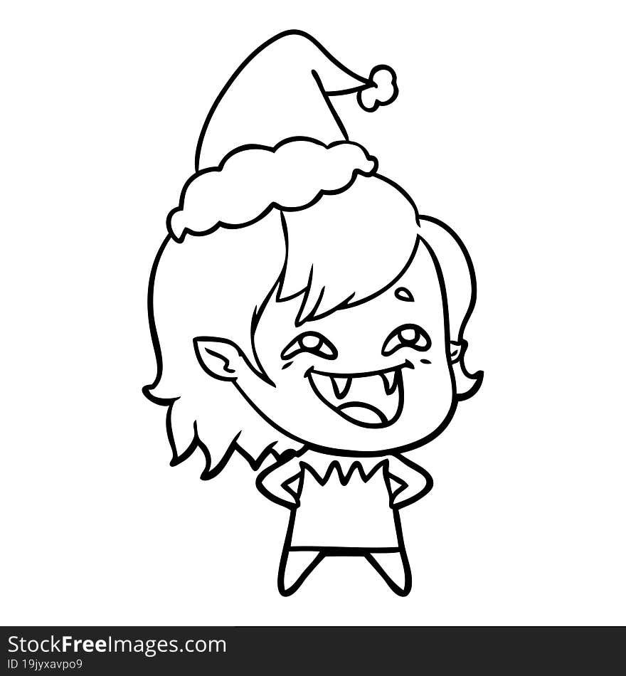 Line Drawing Of A Laughing Vampire Girl Wearing Santa Hat