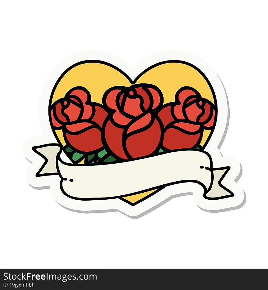 sticker of tattoo in traditional style of a heart and banner with flowers. sticker of tattoo in traditional style of a heart and banner with flowers