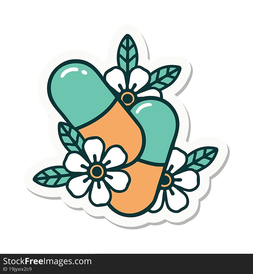 tattoo style sticker of pills and flowers