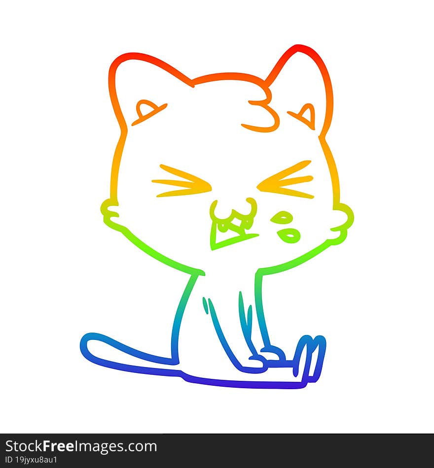 rainbow gradient line drawing of a cartoon cat hissing