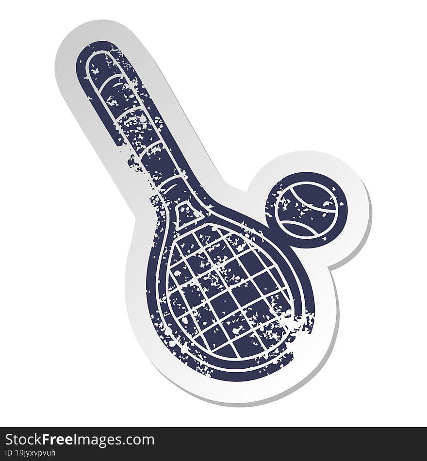 distressed old cartoon sticker tennis racket and ball. distressed old cartoon sticker tennis racket and ball