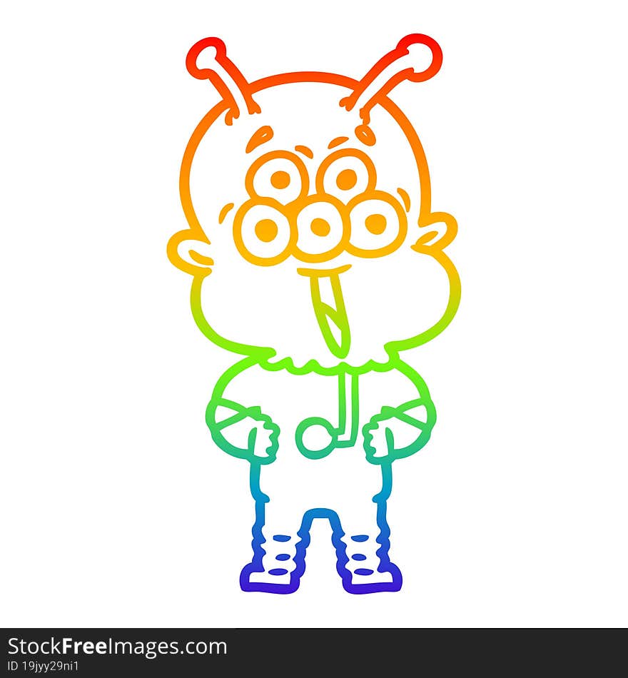 rainbow gradient line drawing of a happy cartoon alien