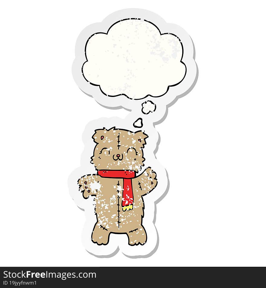 cartoon teddy bear and thought bubble as a distressed worn sticker