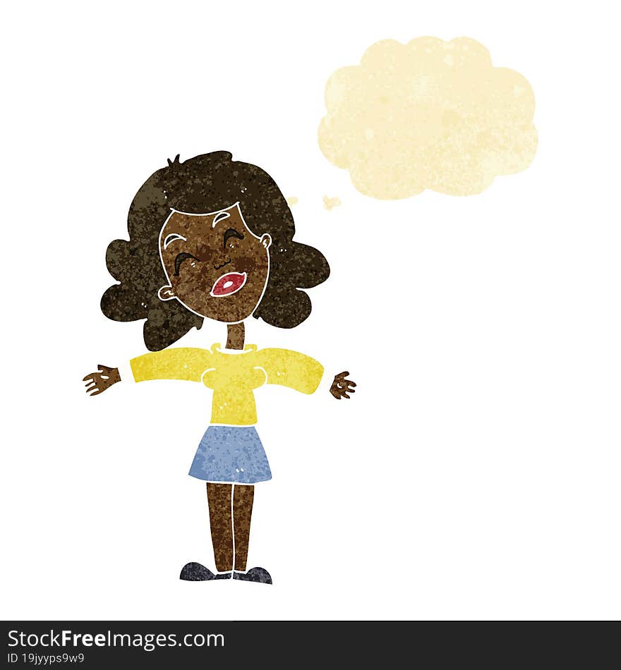 cartoon woman with open arms with thought bubble