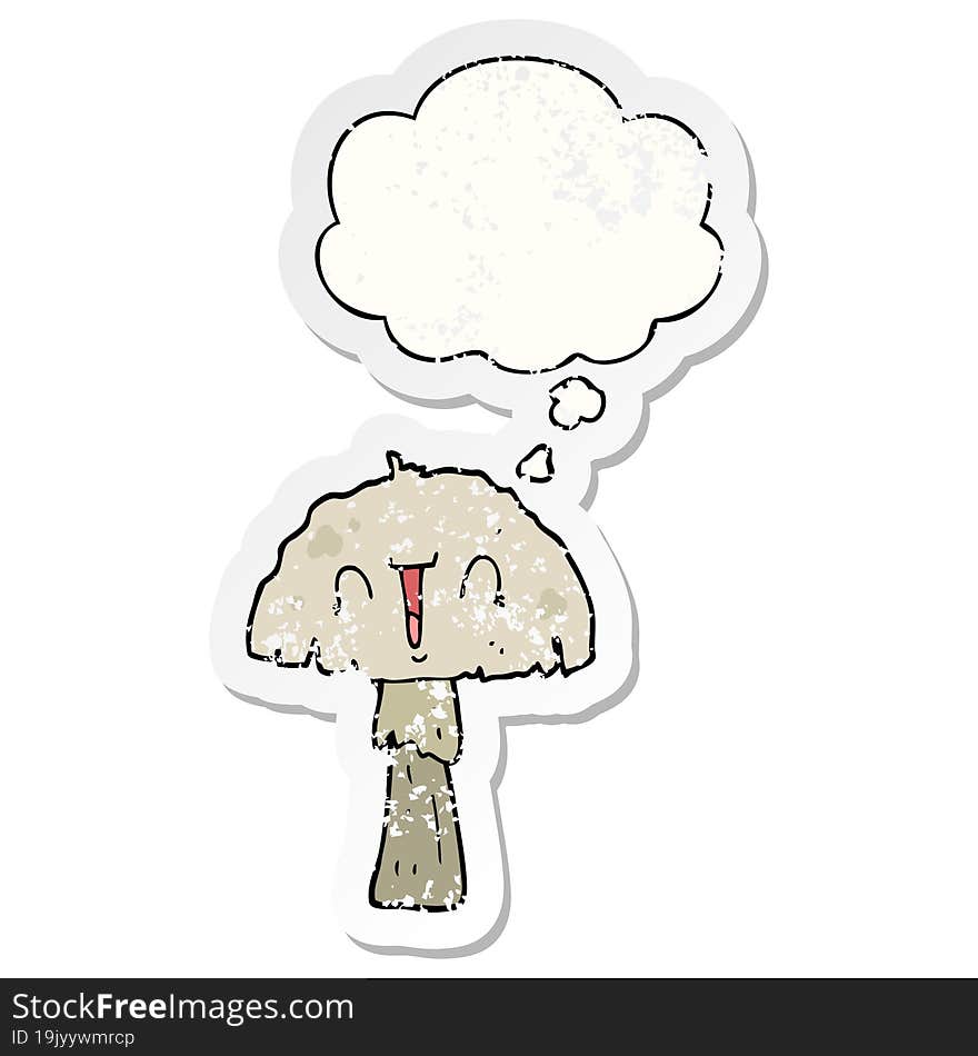 cartoon mushroom and thought bubble as a distressed worn sticker