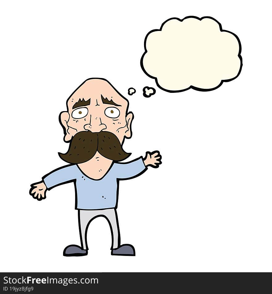 cartoon worried old man with thought bubble