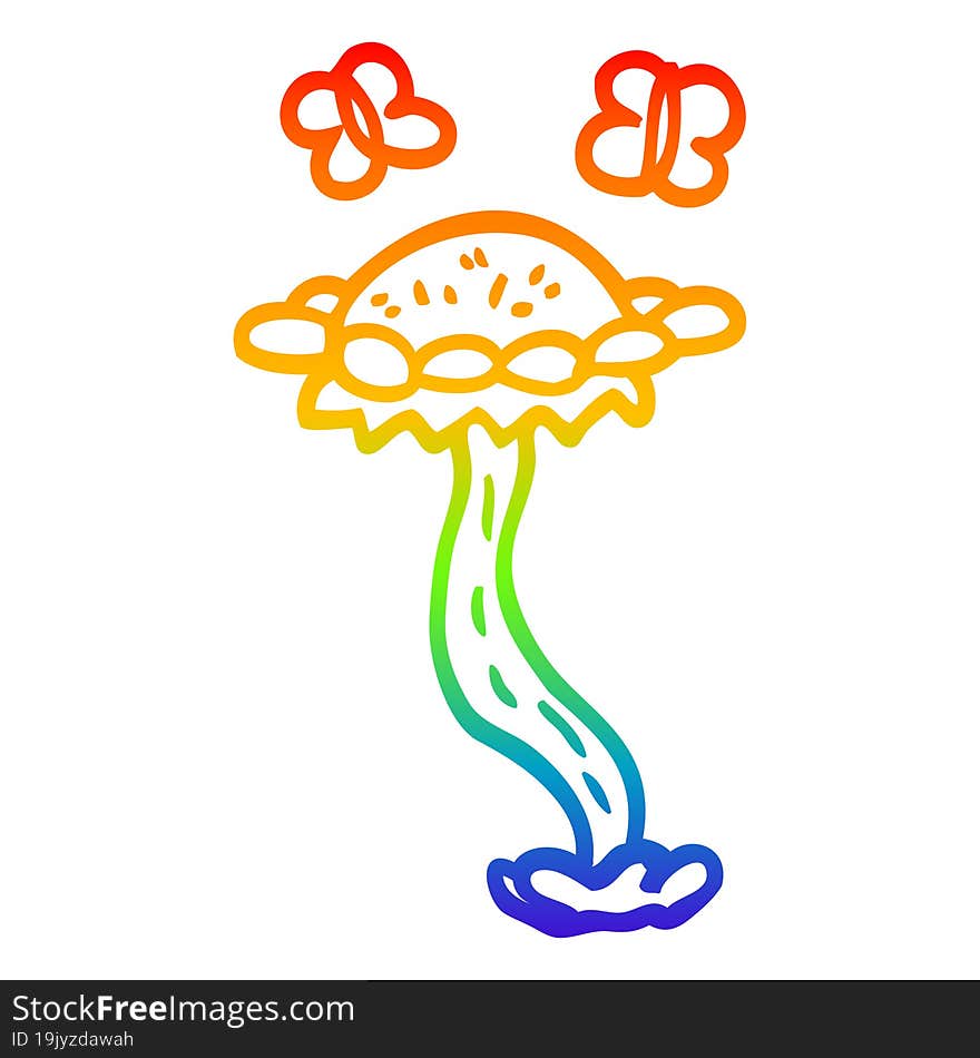 Rainbow Gradient Line Drawing Cartoon Flower And Butterflies