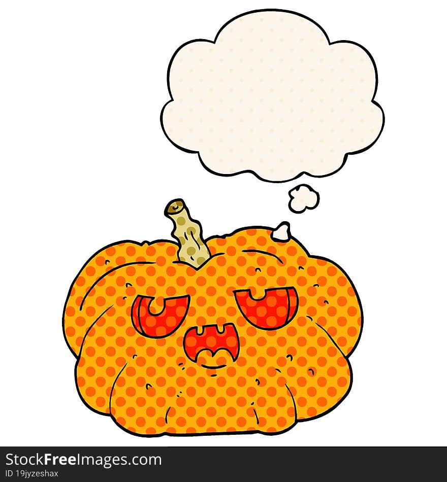 cartoon pumpkin and thought bubble in comic book style