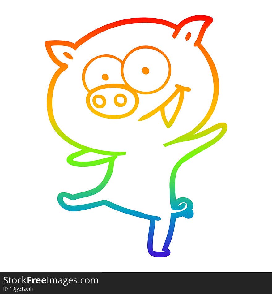 rainbow gradient line drawing of a cheerful dancing pig cartoon