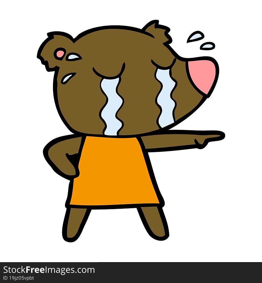 cartoon crying bear in dress pointing. cartoon crying bear in dress pointing