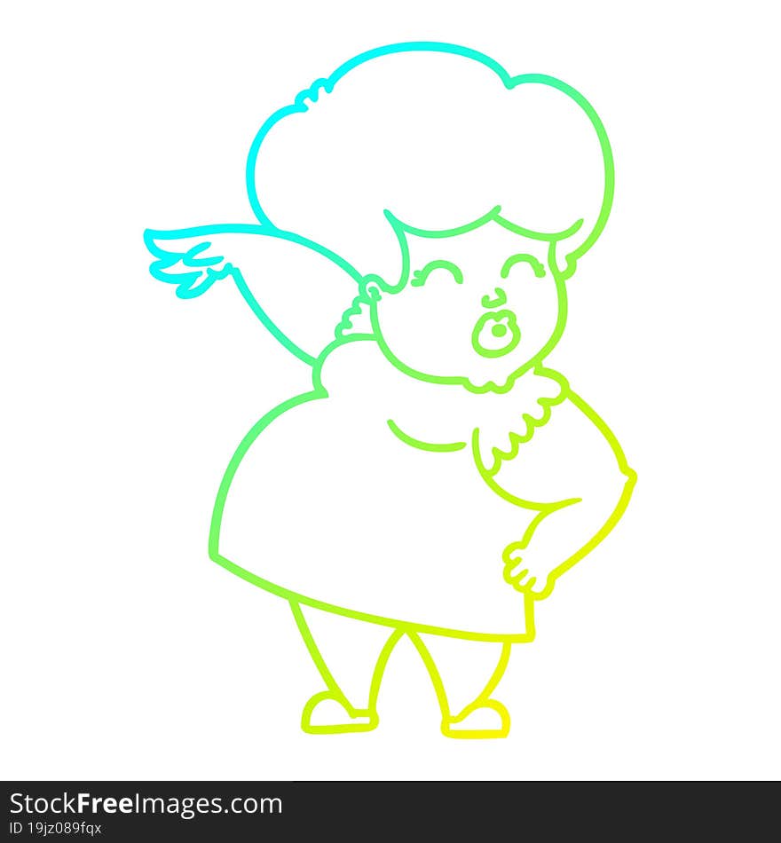 cold gradient line drawing of a cartoon woman making hand gesture