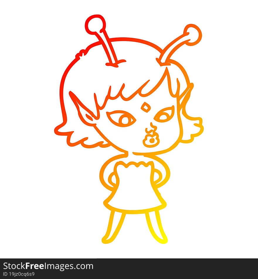 warm gradient line drawing pretty cartoon alien girl