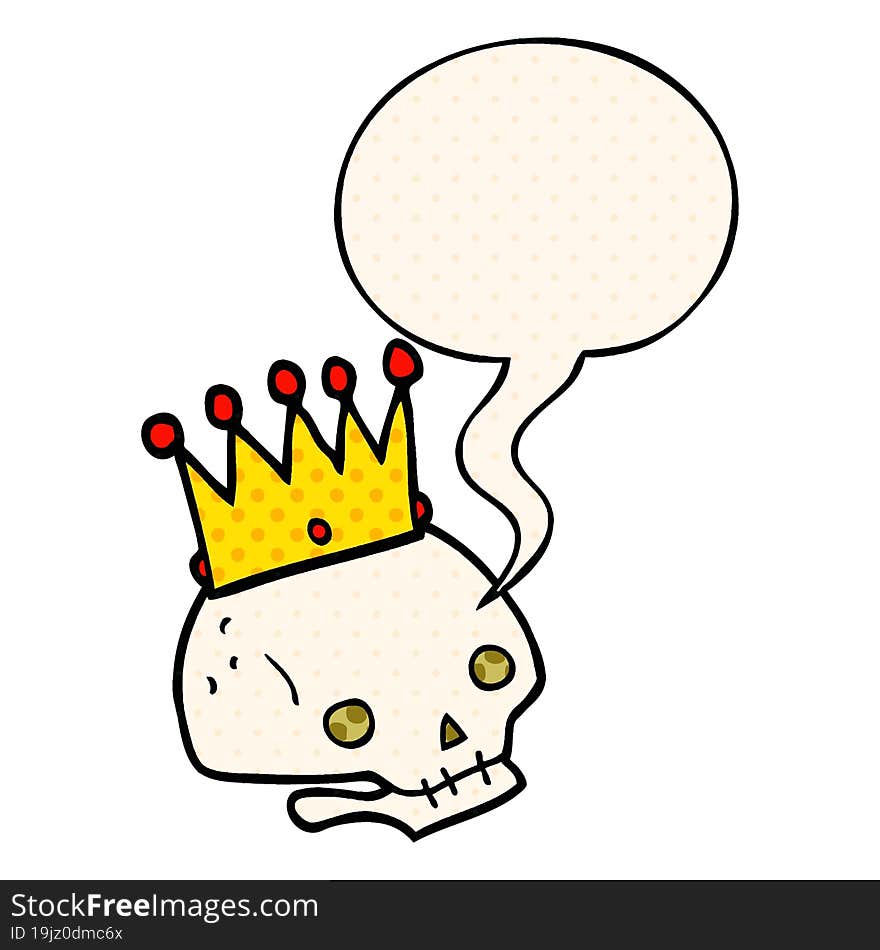 cartoon skull and crown and speech bubble in comic book style