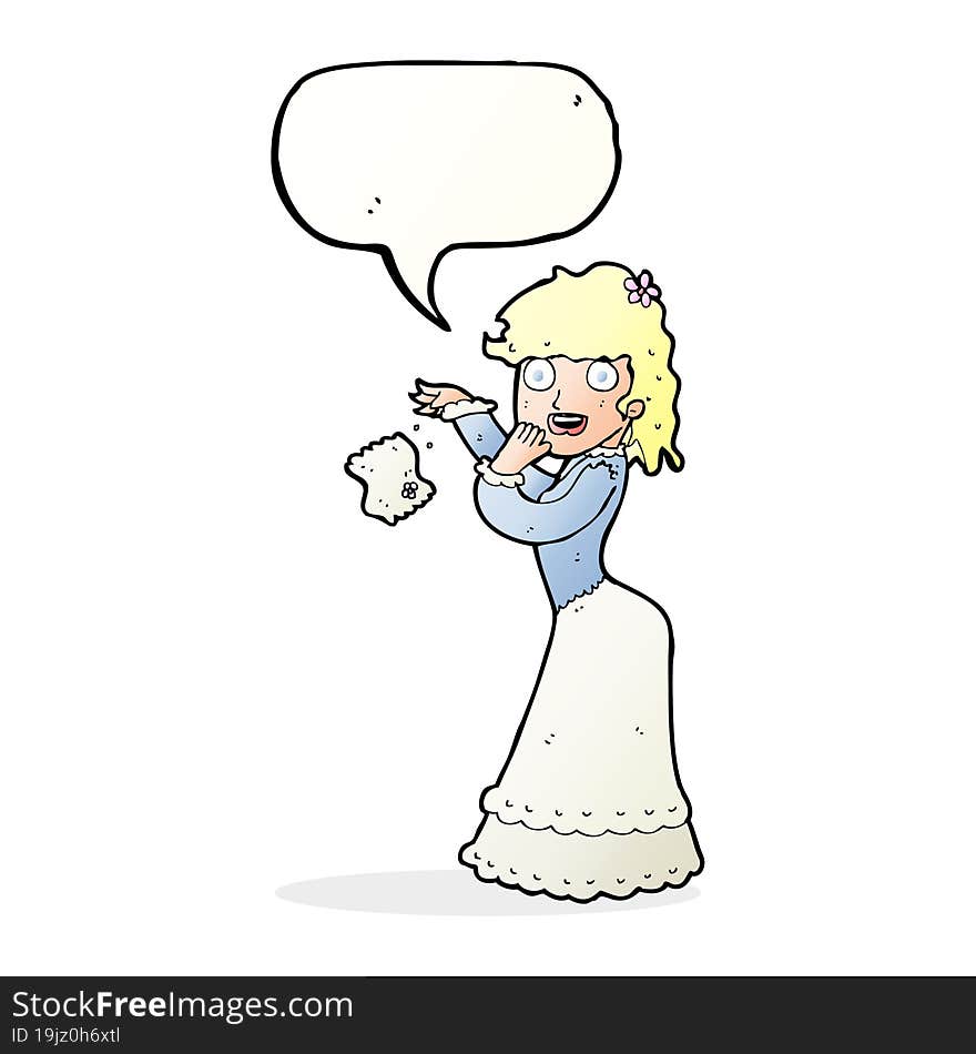 cartoon victorian woman dropping handkerchief with speech bubble