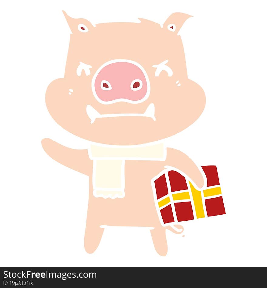 angry flat color style cartoon pig with christmas gift