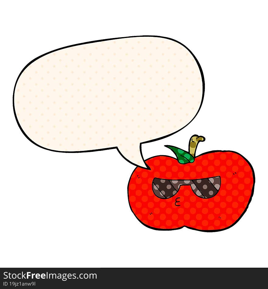 cartoon cool apple and speech bubble in comic book style