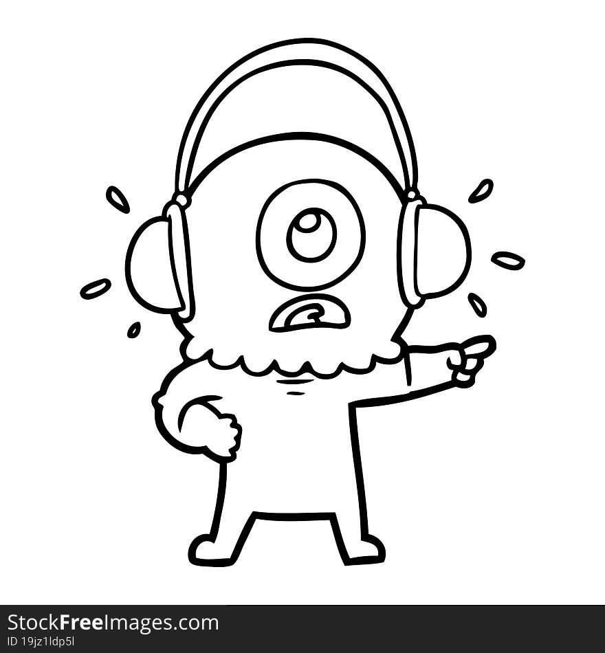 cartoon cyclops alien spaceman pointing wearing headphones. cartoon cyclops alien spaceman pointing wearing headphones