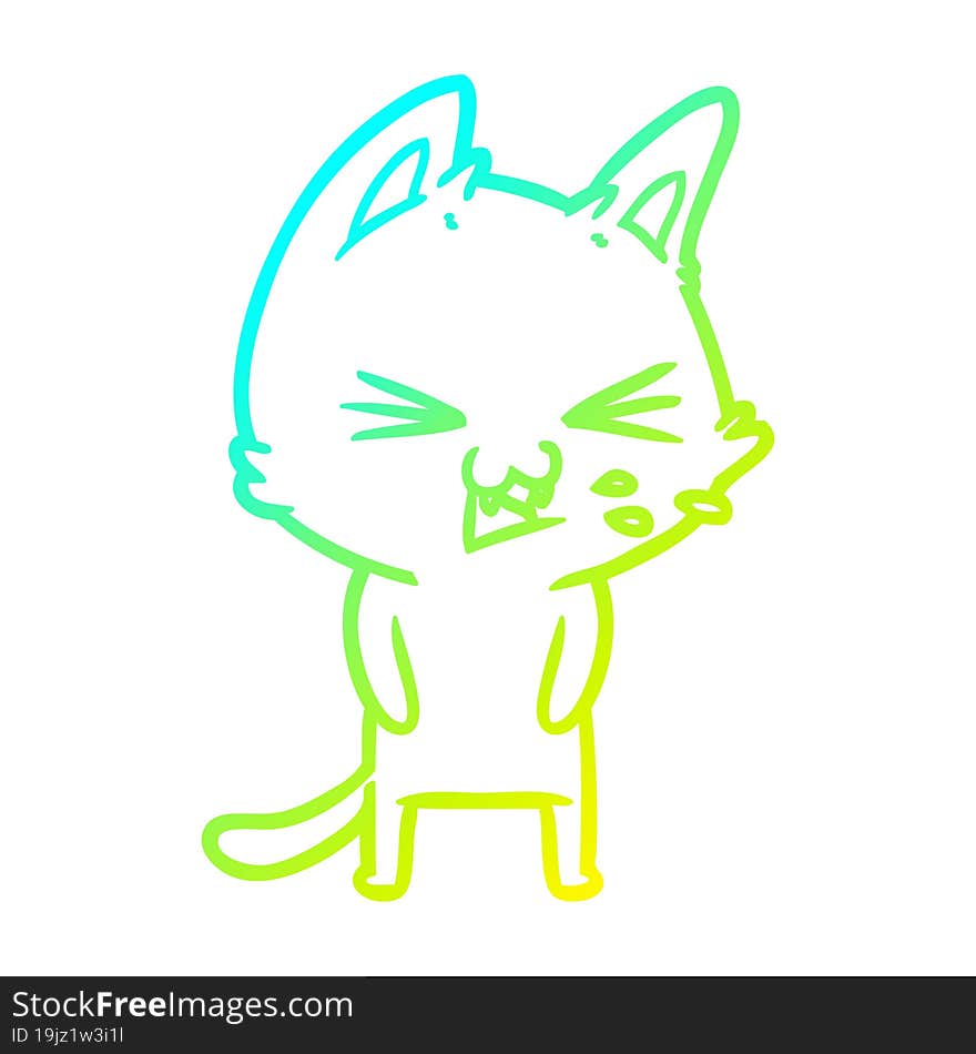 cold gradient line drawing of a cartoon cat hissing