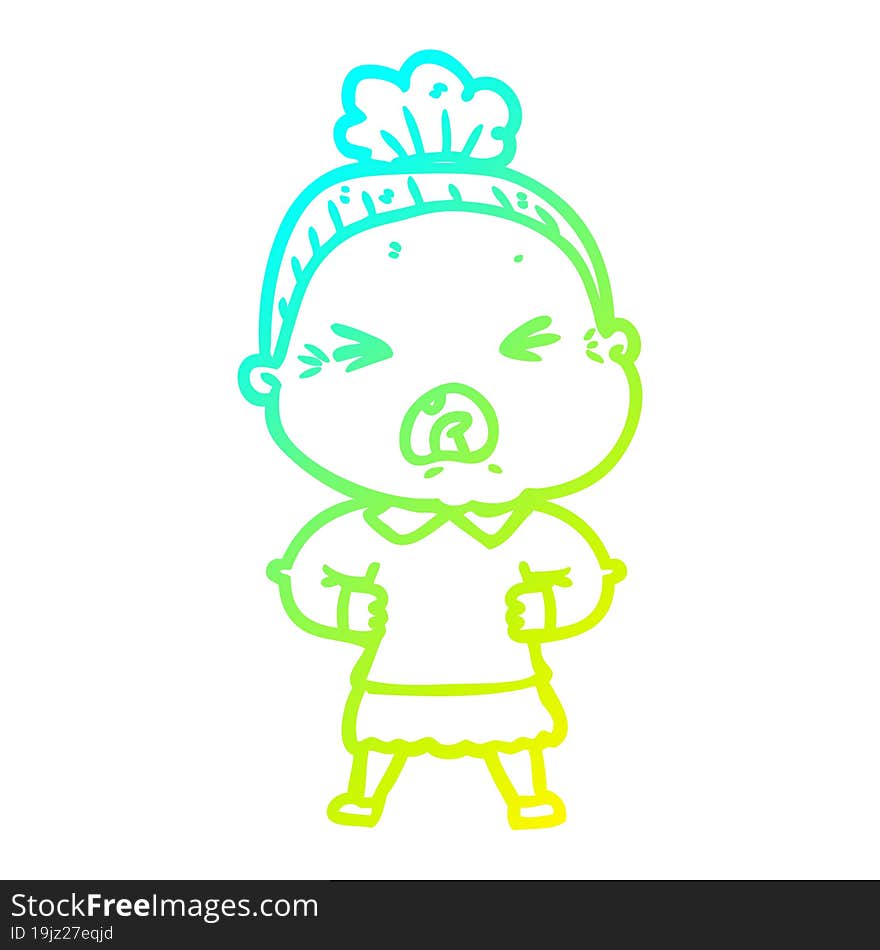 cold gradient line drawing cartoon angry old woman