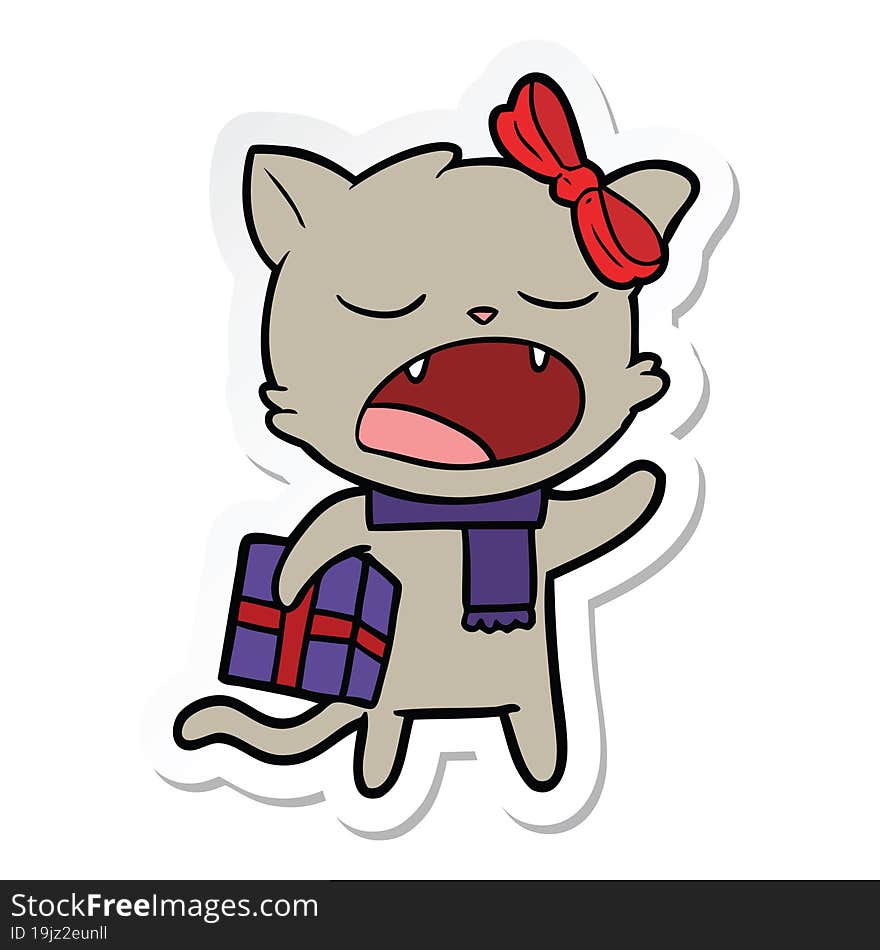 Sticker Of A Cartoon Cat With Christmas Present