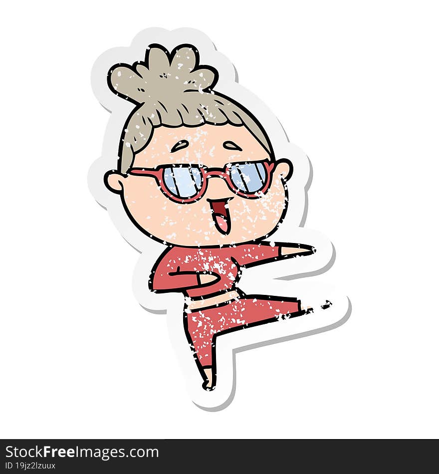 distressed sticker of a cartoon happy woman wearing spectacles