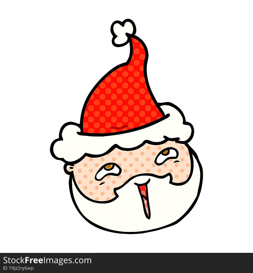 Comic Book Style Illustration Of A Male Face With Beard Wearing Santa Hat