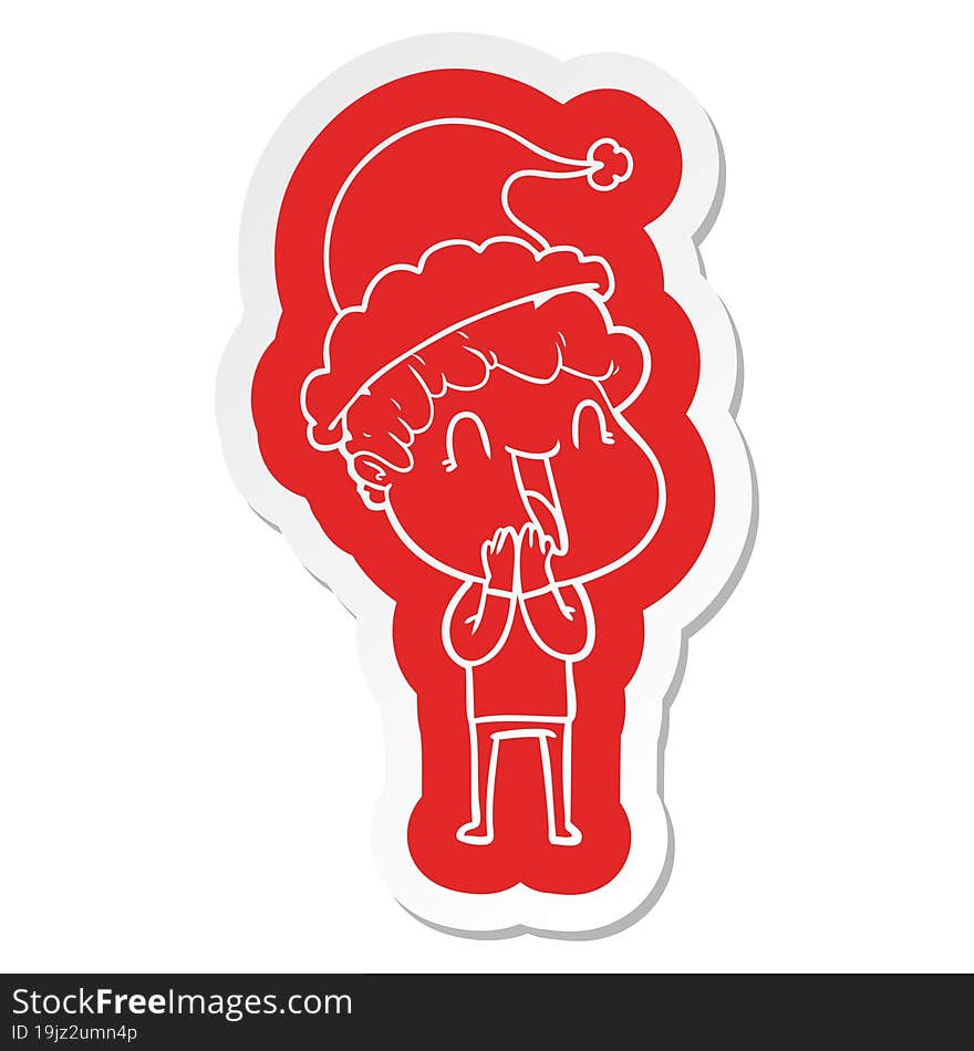 cartoon  sticker of a happy man wearing santa hat