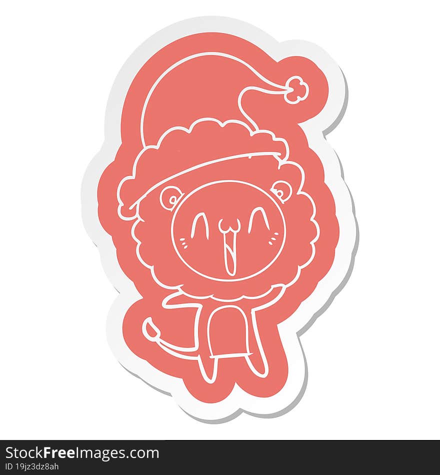 happy cartoon  sticker of a lion wearing santa hat