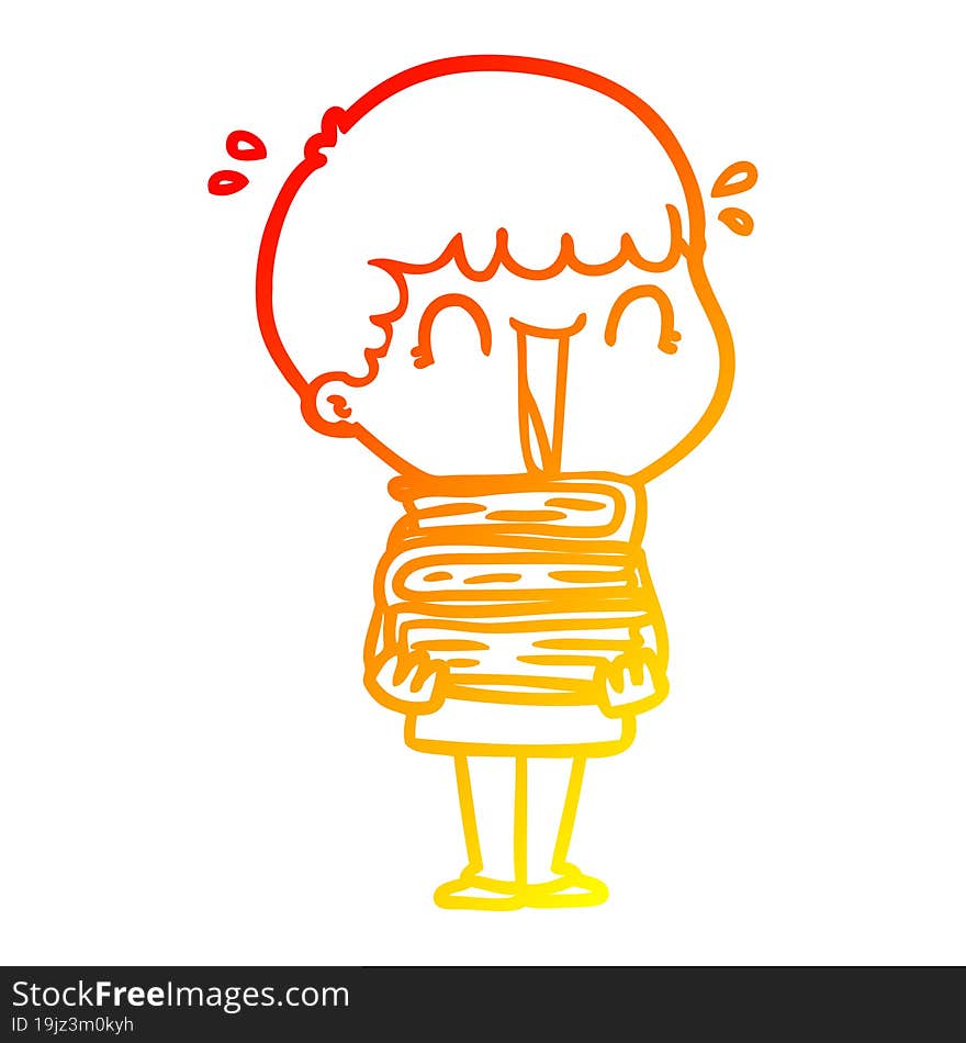 warm gradient line drawing of a laughing cartoon man holding stack of books