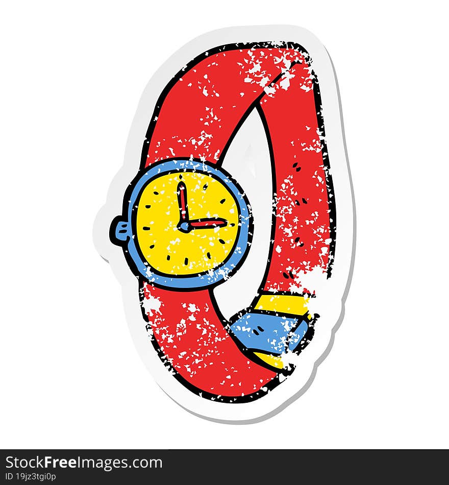 distressed sticker of a cartoon wrist watch