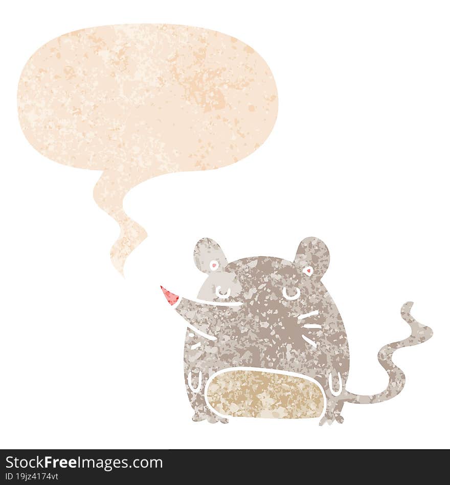 cartoon mouse and speech bubble in retro textured style