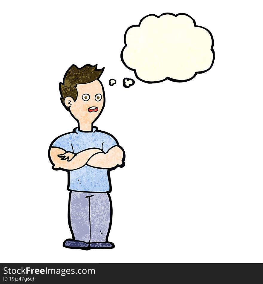 cartoon man with crossed arms with thought bubble