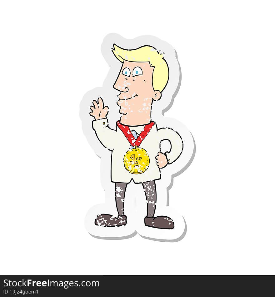 Retro Distressed Sticker Of A Cartoon Waving Man With Award