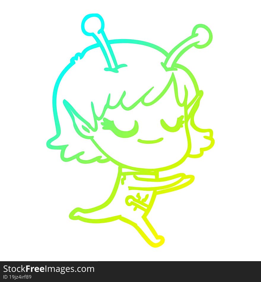 cold gradient line drawing smiling alien girl cartoon running