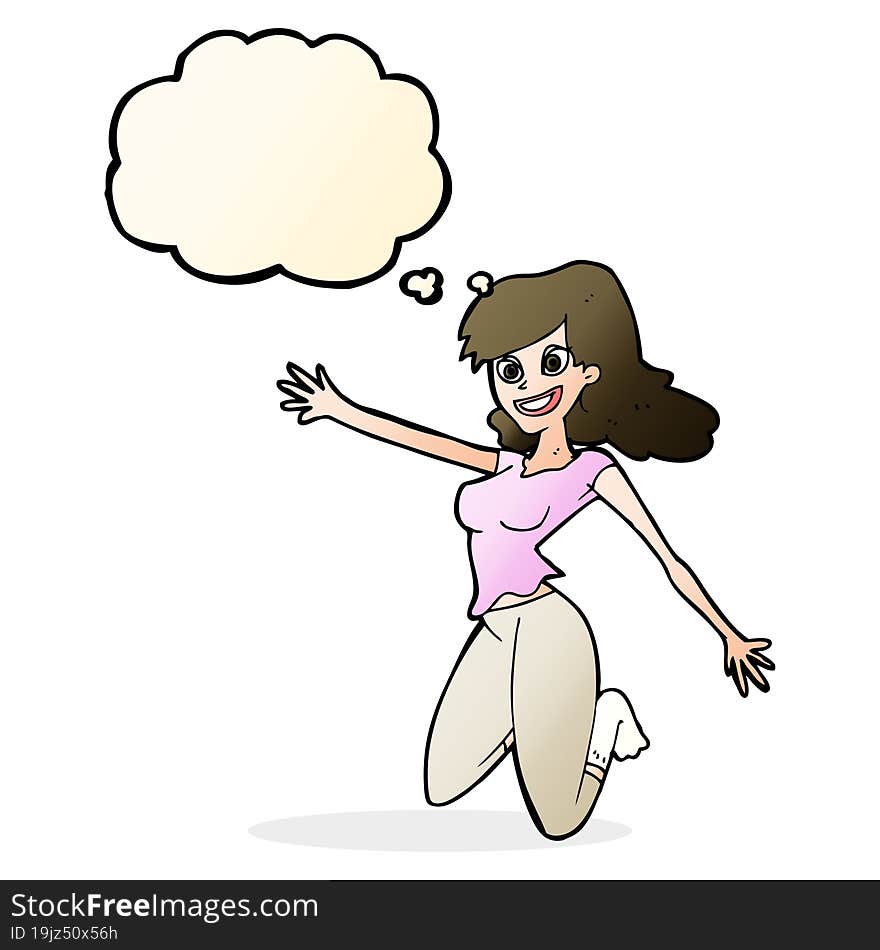 cartoon jumping woman with thought bubble