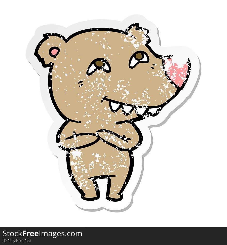 distressed sticker of a cartoon bear showing teeth